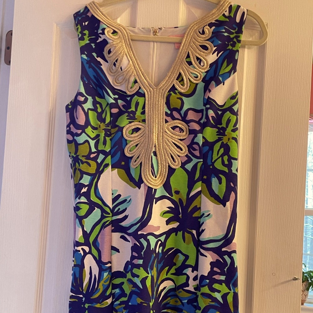 Lilly Pulitzer purple floral dress with gold trim
